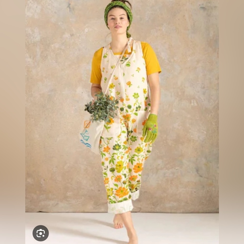 NWT Gudrun Sjoden floral green yellow Dungarees Gardener organic cotton linen M